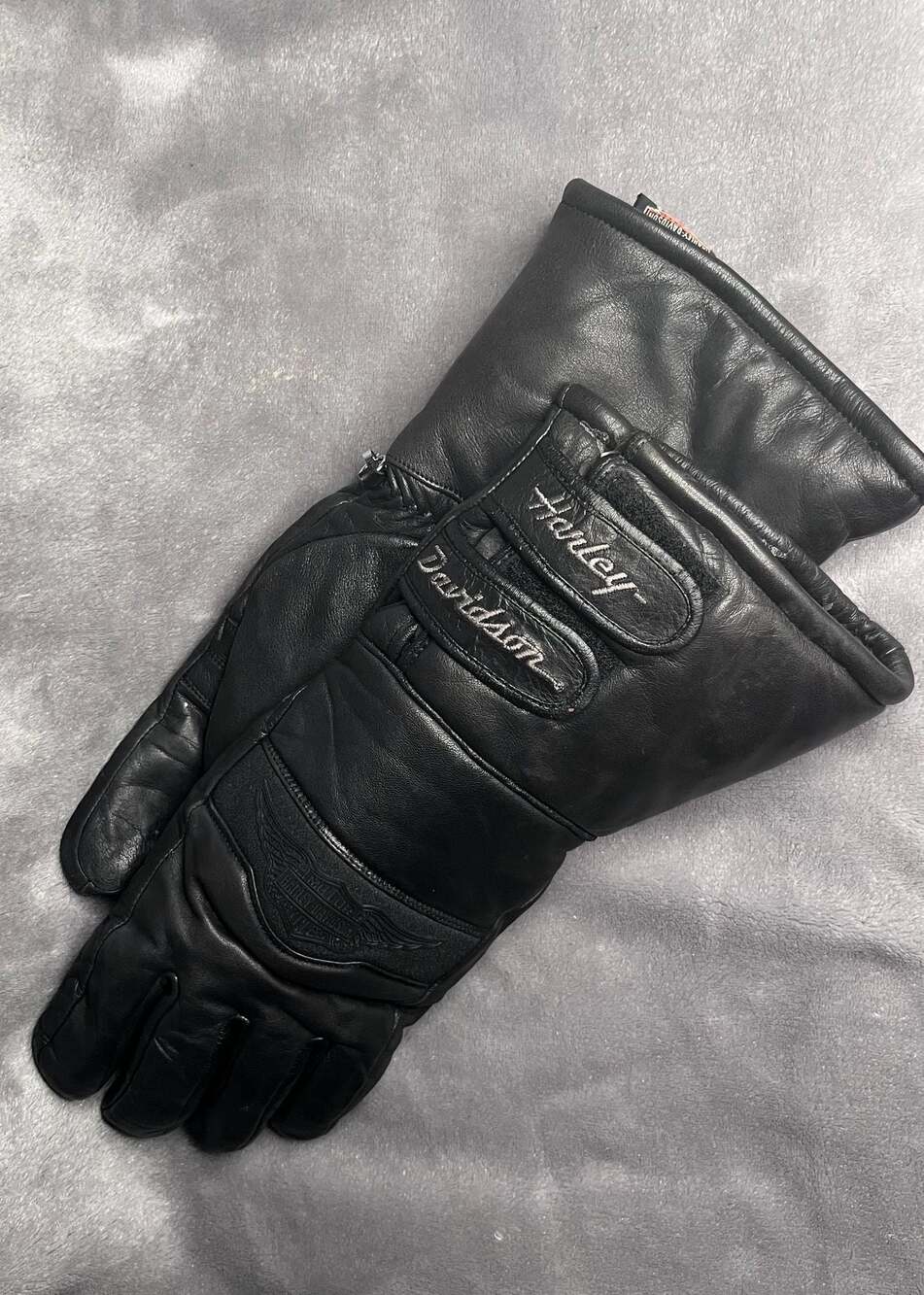 Vintage Harley-Davidson Black Leather Gauntlet Motorcycle Riding Gloves with Thi